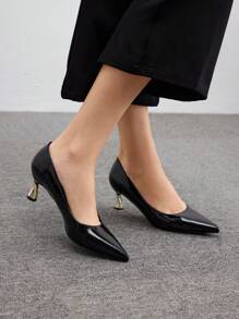 CUCCOO BIZCHIC Women's Black Mirrored PU Pointed-Toe Electroplated Low Heel Shoes Spring Shoes Spring Break Easter - Black - View 1