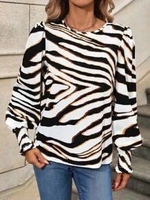 SHEIN Clasi 女士优雅不对称斑马条纹圆领宽松衬衫 - 彩色 - 查看 4