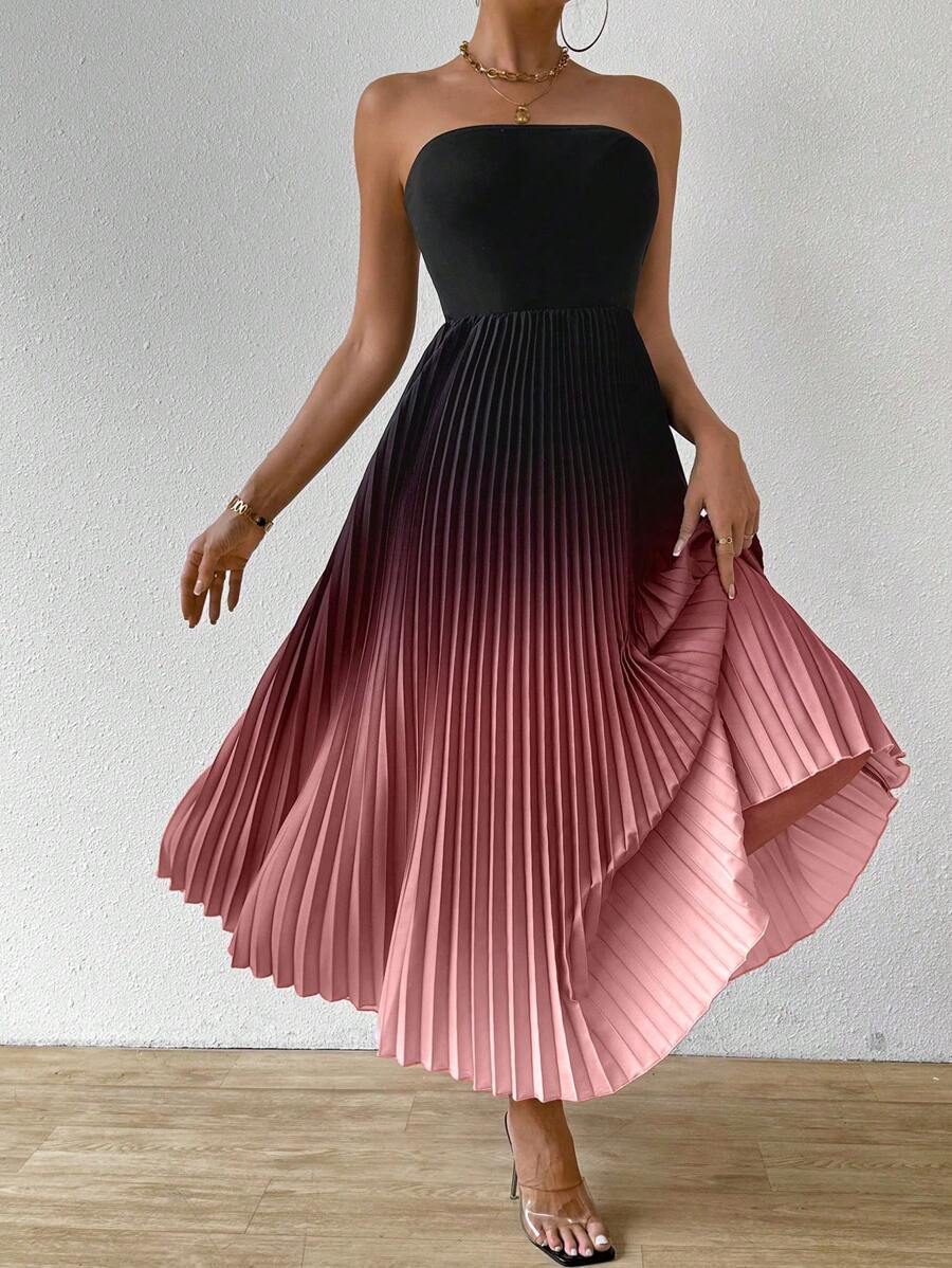 SHEIN Unity Ladies' Sexy Ombre Strapless Pleated Hem Dress - Black - View 1