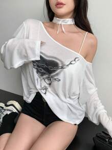 DAZY 女式不对称露背长袖 T 恤、图案 T 恤、秋季女装