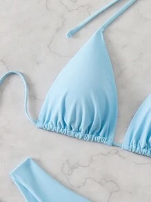 Swim Mod 3pcs Women Summer Beach Solid Color Halter Tie Sexy Bikini Swimwear Set - Baby Blue - View 4
