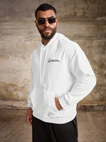 Manfinity Roughcore Plus Size Men's Letter Print Pouch Pocket Pullover Hoodie - White - View 6