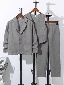 3 件套青少年男童休闲学院风西装外套，搭配双面背心和直筒裤绅士套装 - 卡其色 - 查看 3