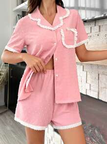 2pcs Women's Lace Patchwork Collar Sleepwear Set - Pink - View 4