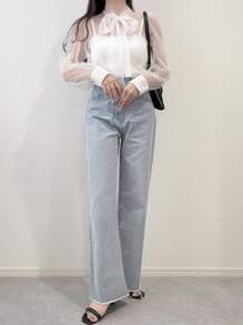 FRIFUL 女士纯色前系带透明长袖上衣，休闲度假