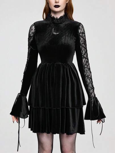 Goth Retro Gothic Lace Patchwork Criss-Cross Flare Sleeve Velvet Cake Dress For Women