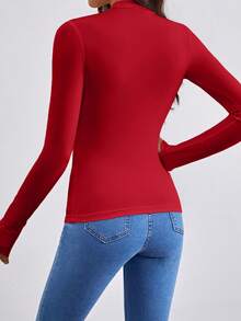 SHEIN Frenchy 純色高領T恤，內搭T恤，長袖，基礎款T恤 - 紅色 - 查看 2