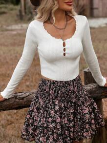 SHEIN VCAY Solid Color Hollow Out Ruffle Hem Simple Sweater, Casual Dailywear,Fall Women Outfits,Fall Sweaters - White - View 1