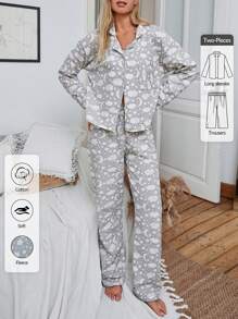 EURMUSE 2Pcs  Collar Detail Printed PJ Set - Grey - View 3