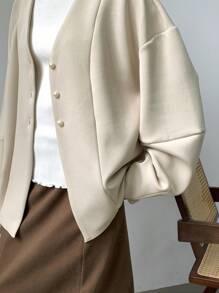 FRIFUL 女士长袖单排扣长款宽松优雅纯色常规外套，秋冬女士夹克 - 杏色 - 查看 6