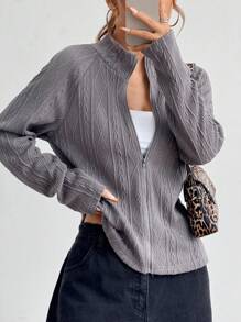 SHEIN Unity Spring Autumn Casual Solid Stand Collar Jacket - Dark Grey - View 6