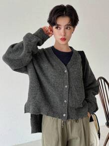 FRIFUL 女士纯色保暖衬里开衫，秋季女装 - 灰色 - 查看 3