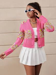 SHEIN Cárdigan de chifón con diseño de patchwork rosa recortado con un diseño de moda y vibrante para adolescentes. Los tonos rosas son suaves y dulces, complementando el diseño de patchwork de chifón para mostrar un encanto único. El estilo recortado es versátil - Rosa - Ver 6