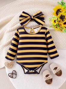 SHEIN Set Baju Terusan Bayi Perempuan Motif Garis-garis Lebah Lengan Panjang + Bordir Lebah - Kuning - View 3