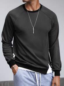Manfinity Homme Men's Round Neck Raglan Sleeve Loose Casual Sweatshirt, Spring Autumn - Black - View 6