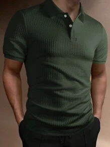 Manfinity Homme Men's Casual Solid Color Short Sleeve Polo Shirt For Commuting, Summer, Knitted Polo Shirt, Men's Textured Polo Shirt, Men's Short Sleeve Polo Shirt, Buttoned Polo Shirt - Army Green - View 1