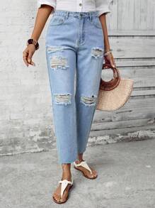 SHEIN LUNE Jeans de pierna entallada desgastados y lavados - Azul - Ver 3