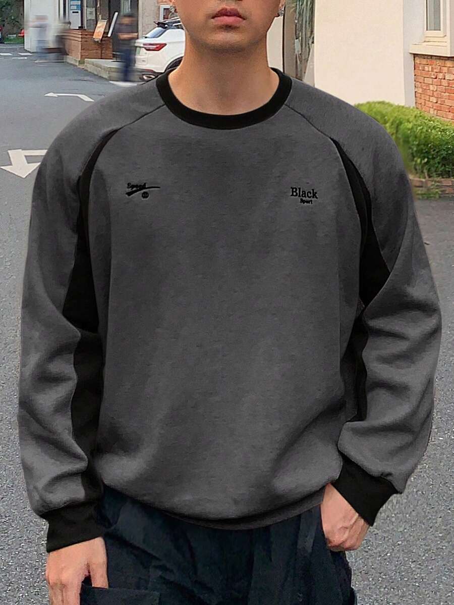 DAZY Men's Casual Letter Printed Raglan Sleeve Long Sleeve Loose Sweatshirt, Spring Autumn - Black - View 1