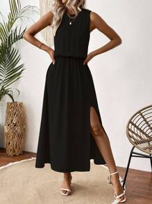 Chiquease Solid Split Thigh Long Dress For Summer Vacation - Black - View 6