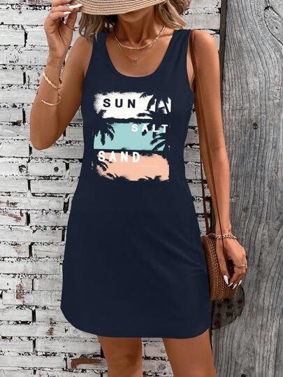 SHEIN LUNE Sun Graphic Print Round Neck Sleeveless Beach Dress, Summer Suitable For Going Out Chic Dress