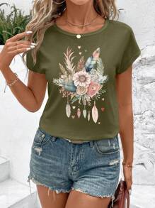 SHEIN LUNE 休闲花卉羽毛心形印花修身圆领女式 T 恤，适合夏季