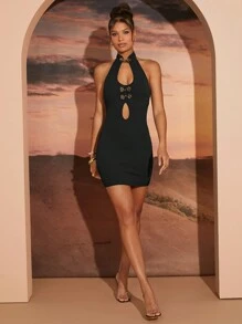 Hauture Women Elegant Black And Gold Hollow Out Halter Mini Dress,Summer Bodycon Backless Dress,Party Night Festival Outfits - Black - View 6