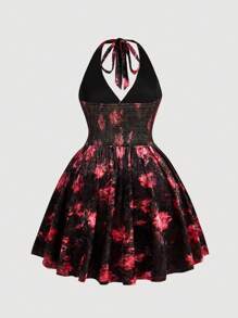 SHEIN MOD Vestido de verano de moda talla grande con estampado de teñido anudado en negro y rojo, con tirantes con lazo y espalda descubierta - Multicolor - Ver 2