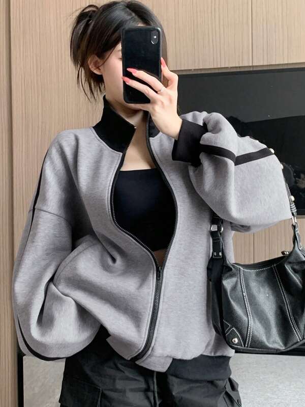 DAZY 女士休闲撞色拼接保暖内衬卫衣，秋冬季长袖上衣，秋季女装外套拉链款