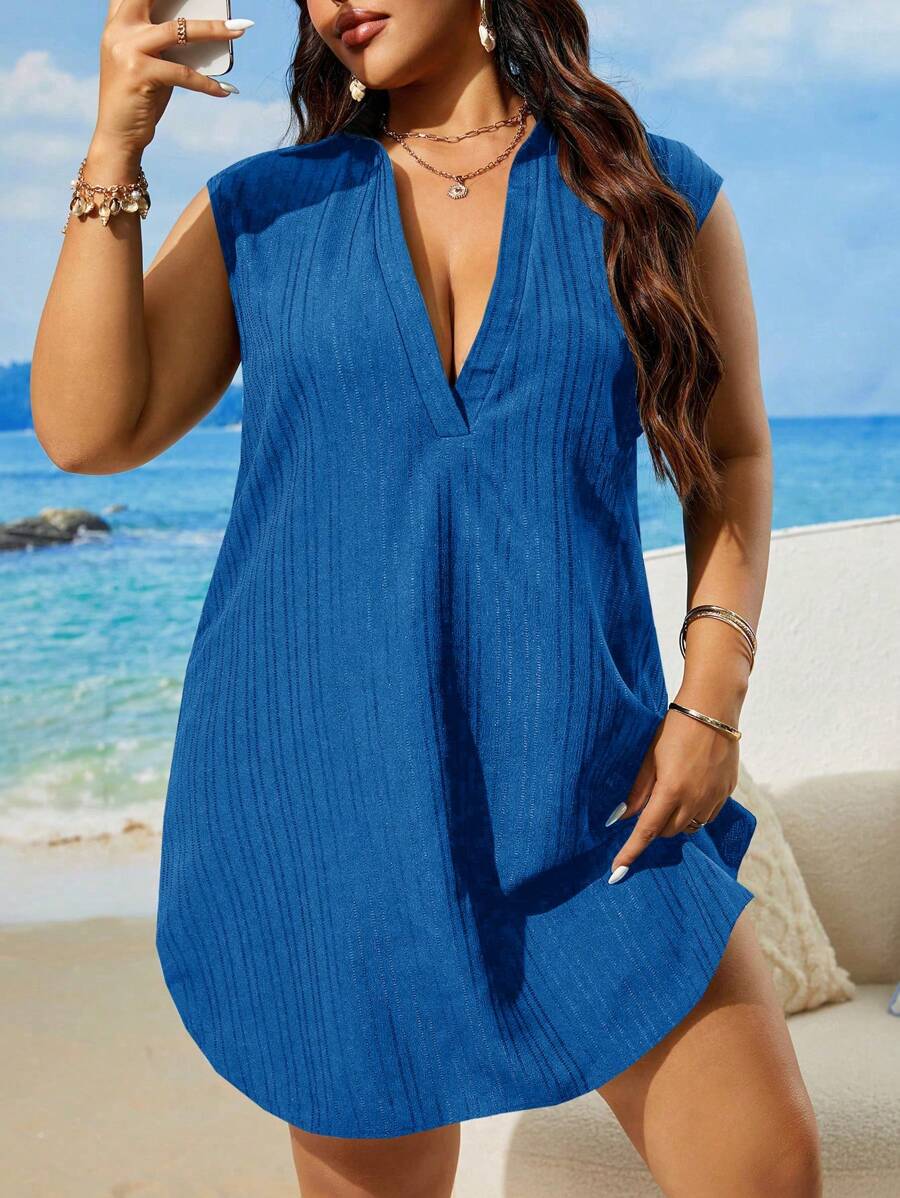 SHEIN Swim Curve Vestido de playa de verano holgado, sin mangas, de cuello vuelto y unicolor, para vacaciones, tallas grandes para mujeres - Azul - Ver 1