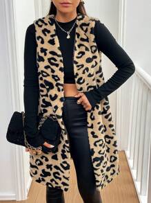SHEIN Essnce 豹纹无袖毛绒针织开衫夹克，休闲装
