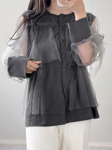 FRIFUL 女式宽松圆领长袖网眼撞色 T 恤，春夏 T 恤，秋季女装 - 灰色 - 查看 8