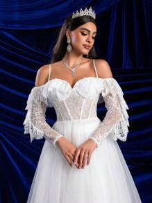Glamrae Elegante vestido de novia de manga larga con hombros descubiertos y escote transparente, con boning en forma de espina de pescado, encaje floral y falda amplia de tul en línea A, adecuado para bodas, fiestas y vacaciones - Blanco - Ver 7
