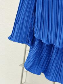 SHEIN Mommy And Me Matching Sets, Casual Solid Color Matte Pleated Collar Long Sleeve Blouse And Elastic Waist Shorts Outfit, Suitable For Outings, Vacations And Traveling - Royal Blue - View 5