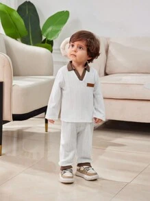 2pcs/Set Baby Boy Polo Collar Jacquard Long Sleeve Shirt And Pants Set, Casual Autumn Outfit