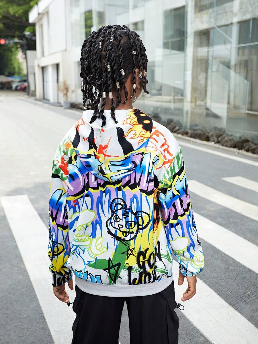Tween Boy Autumn Graffiti Letter Print Hoodie - Multicolor - View 1