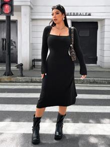 Flirla Plus Size Women's Solid Color Swan Neck Long Sleeve Maxi Sweater Dress, Autumn Winter - Black - View 6