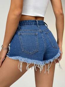 SHEIN PETITE Shorts de mezclilla con botones frontales, múltiples bolsillos, bajo deshilachado y desgastado, uso casual para todos los días