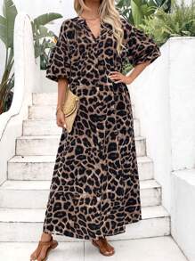 EMERY ROSE 女式 V 领豹纹泡泡袖波西米亚风连衣裙长款女装 - 咖啡 - 查看 4