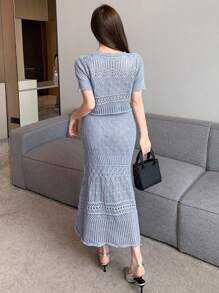 DAZY 2 bucăți/Set Tricou tricotat cu gât roșu și mini-fustă cu noduri ținută elegantă, volan - Albastru - Vizualizare 5