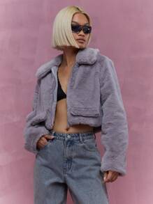 MISSGUIDED Fluffy Collared Crop Coat With False Pockets Winter Wear - Grey - View 1