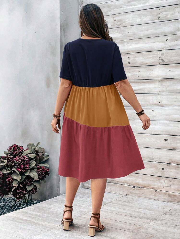 Plus Size Women's Contrast Color Doll Dress For Spring