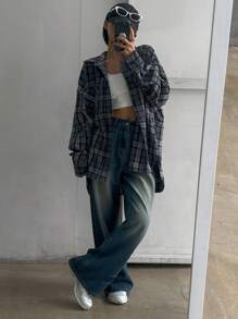 DAZY 女式宽松格子印花落肩长袖休闲衬衫，春秋装，返校服，法兰绒女装 - 藍色 - 查看 4