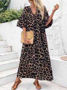 EMERY ROSE 女式 V 领豹纹泡泡袖波西米亚风连衣裙长款女装 - 咖啡 - 查看 7