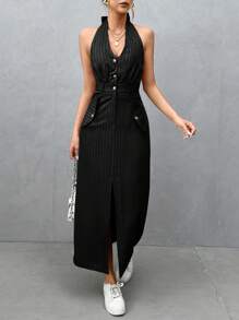 SHEIN Essnce Women's Summer Striped Button Half Placket Long Casual Halter Dress - Black - View 1