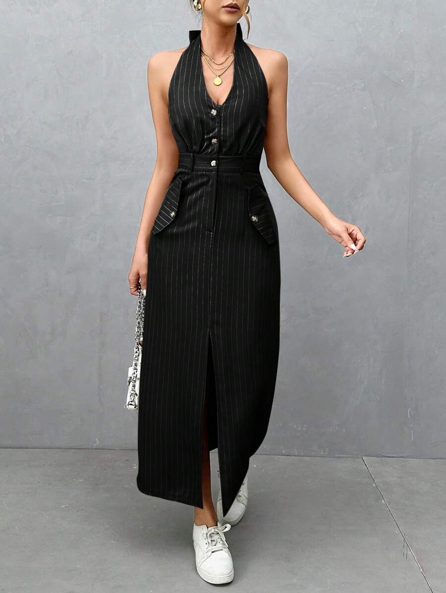SHEIN Essnce Women's Summer Striped Button Half Placket Long Casual Halter Dress - Black - View 1