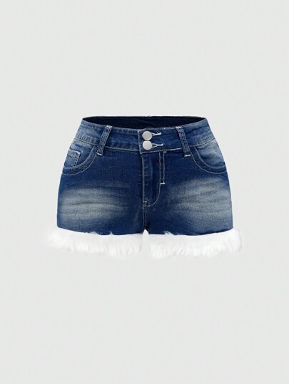 J-Fashion Y2K Low-Waist Vintage Farbblock Fellbesatz Jeans Shorts, Schule