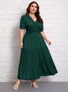 SHEIN VCAY 大码休闲纯色蕾丝拼布连衣裙 - 墨綠色 - 查看 1