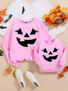 SHEIN Young Girl Mother & Daughter Pink Crewneck Sweatshirts, Matching Funny Face Prints, Casual Pullover For Halloween Festival, For Halloween Party - Pink - View 1
