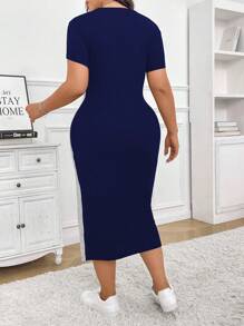 Calvaya Đầm ôm sát tay ngắn cổ tròn Colorblock cỡ lớn cho nữ Trang phục đầm dài bó sát Đầm dài bó sát Đầm xẻ tà xẻ tà Đầm nữ màu xanh cho mùa hè - Màu xanh hải quân - Xem 2