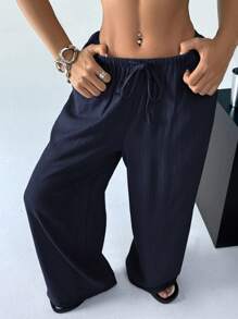 SHEIN EZwear 女式纯色抽绳口袋阔腿休闲飘逸裤 - 藏蓝色 - 查看 5